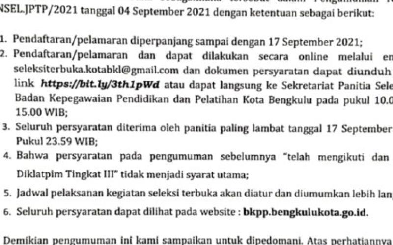 Pendaftaran Seleksi JPT Pratama di Lingkungan Pemkot Diperpanjang